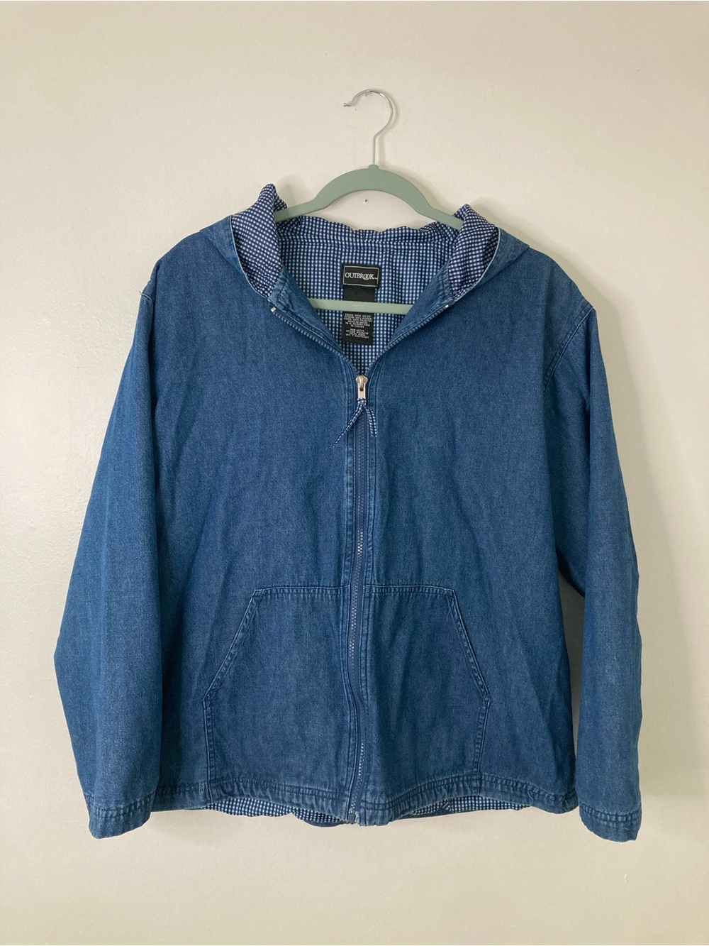 Vintage 90s Outbrook Denim Hooded Chore Jacket Blue Gingham Lined Full Zip Small